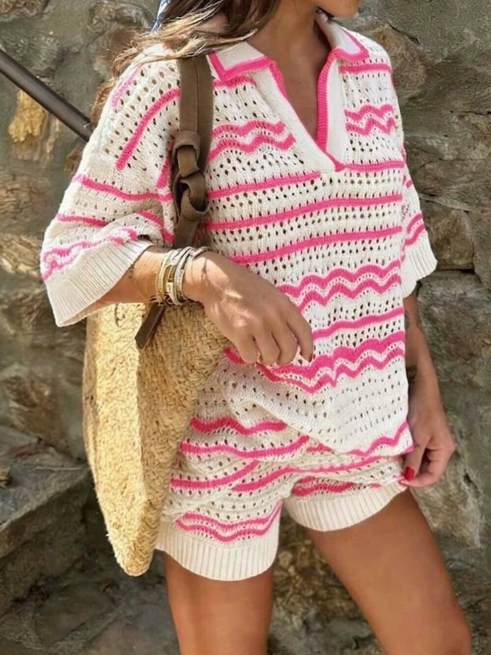 Pink Casual Women's Crochet Knit  Shorts Set with Striped V-Neck Top 2-Piece set